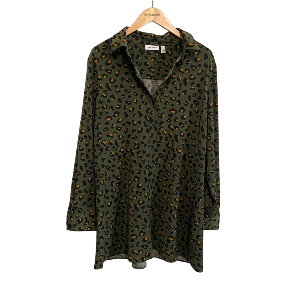 Susan Graver Olive Green Leopard Print Shirt Dress Tunic Size Large